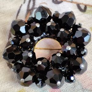 Jet Black Faceted Round Beaded Mourning Gold Tone Vintage Glass Crystal Brooch